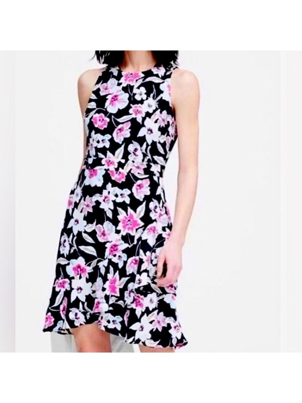 Banana Republic dress. Floral navy and pink. Ruffle at hem.